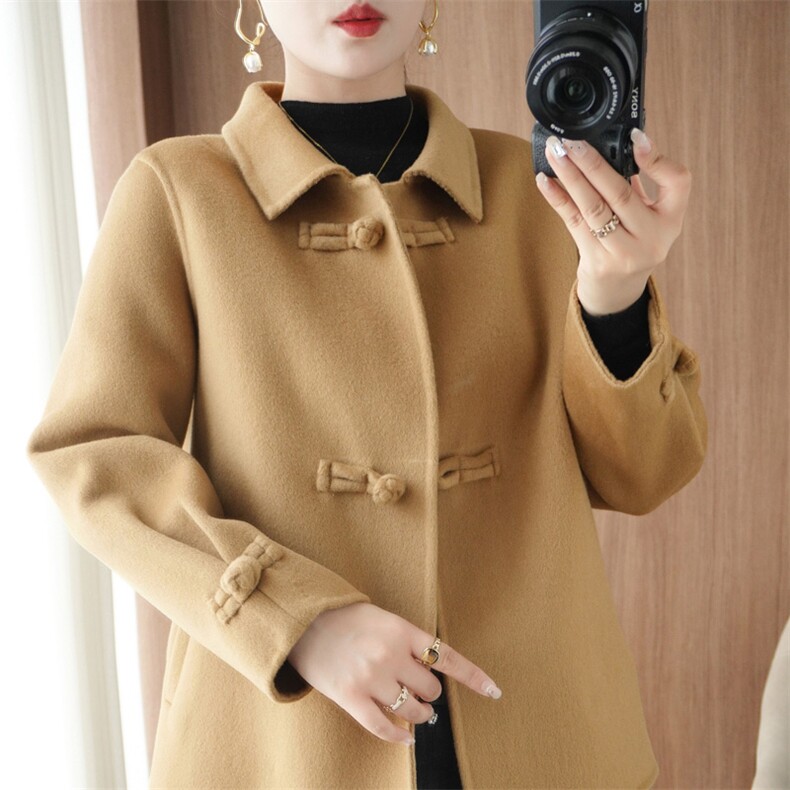2025秋冬新中式双面羊绒大衣女国风复古盘扣羊毛呢外套短款高级感，女装双面呢大衣，悦洋羊绒