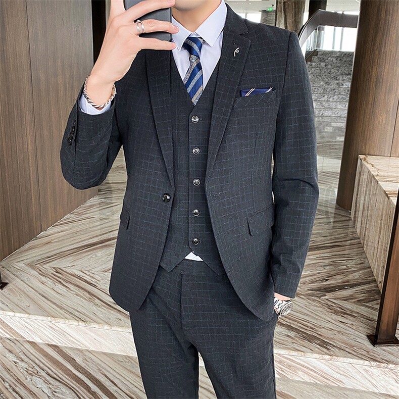 新款格子西装男套装新郎结婚礼服三件套修身西服1012-SJT828-P280,男装西服套装,星座1012