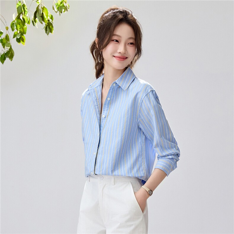 2026春夏新款黄蓝条纹衬衫女宽松显瘦元气少女感衬衣韩系清爽竖条，女装衬衫，艾米