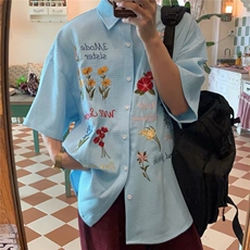 2025美式重磅彩色花卉刺绣短袖衬衫男女夏季街头痞帅宽松休闲衬衣，男装衬衫，星座506A
