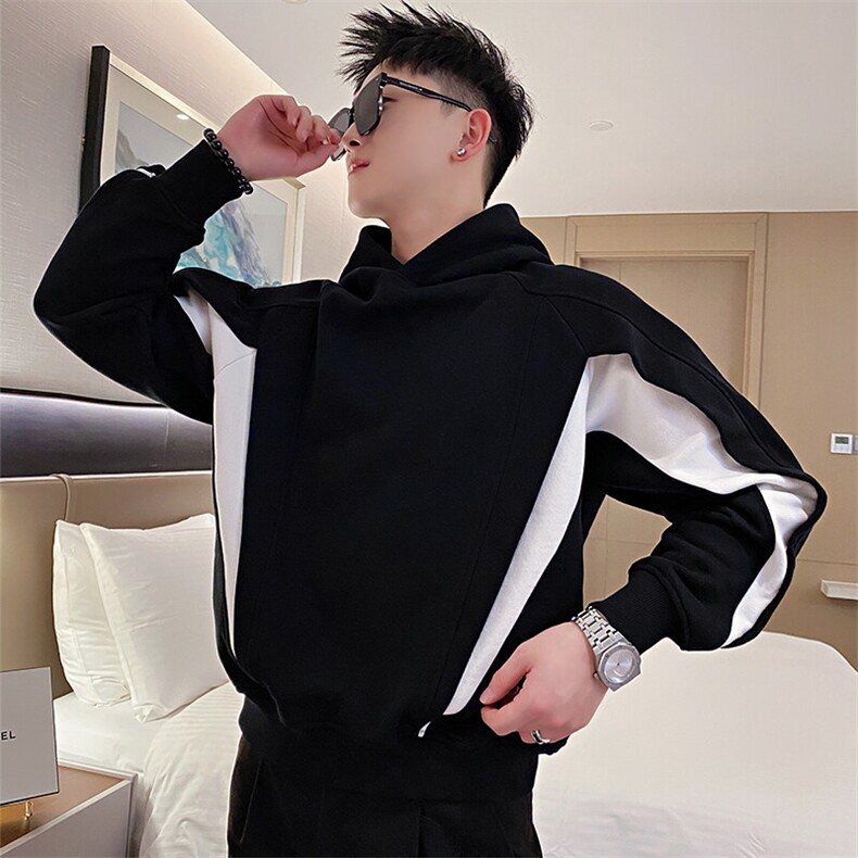 AW96/P78控108秋季社会小伙连帽拼接撞色结构长袖卫衣男黑首,男装卫衣,星座305B-1