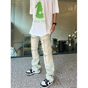 拉链牛仔裤小直脚时尚男九分裤印花青春流行夏季慵懒原宿 N6038图片