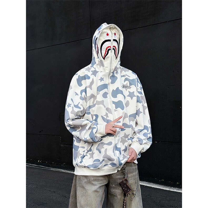 美式复古连帽迷彩卫衣拉链开衫潮春秋男女鲨鱼外套JK0641-P50,男装夹克,星座308B-1
