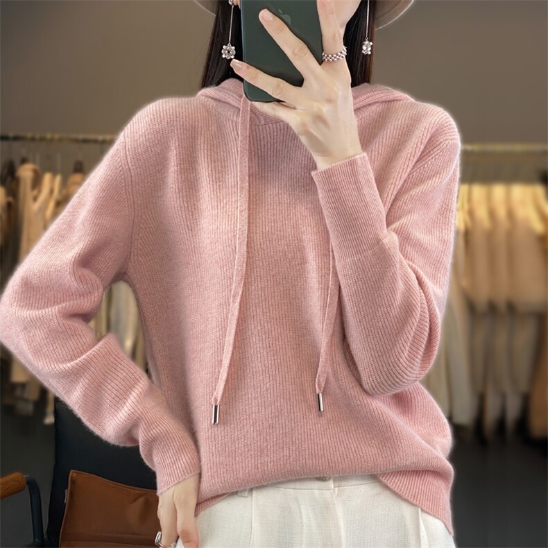 秋100羊毛衫连帽针织套头卫衣女宽松慵懒元宝针带帽打底帽衫,女装羊毛衫,邦太羊绒
