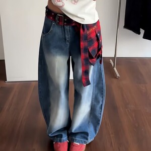 格子裙摆弯刀牛仔裤女夏季新款复古宽松潮流阔腿拖地长裤子XX2218图片