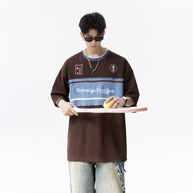 学院风拼接撞色刺绣短袖t恤男cp148-特p35,男装T恤,电商B371