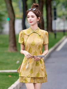 新中式国风提花套装女2025夏新款盘扣短袖上衣显瘦高腰短裤两件套图片