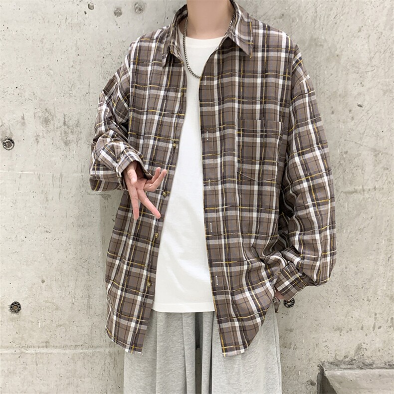 格子衬衫男2025秋季新款休闲宽松外套百搭帅气日系衬衣潮CS711P48,男装衬衫,电商B413-1