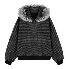美式复古条纹毛领连帽卫衣男女款早秋穿搭慵懒风cleanfit开衫外套，女装短外套，星座218-8