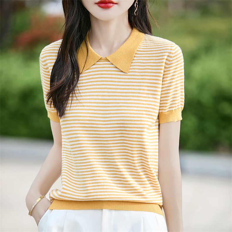 条纹短袖t恤女装2025夏季新款洋气小个子气质上衣羊毛针织衫百搭,女装T恤,斯美雅安迪绒