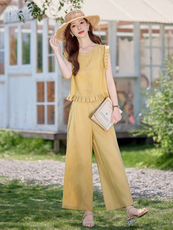 高端无袖亚麻套装女2025夏新款洋气小香风天丝棉亚麻阔腿裤两件套，女装套装/套裙，E百度