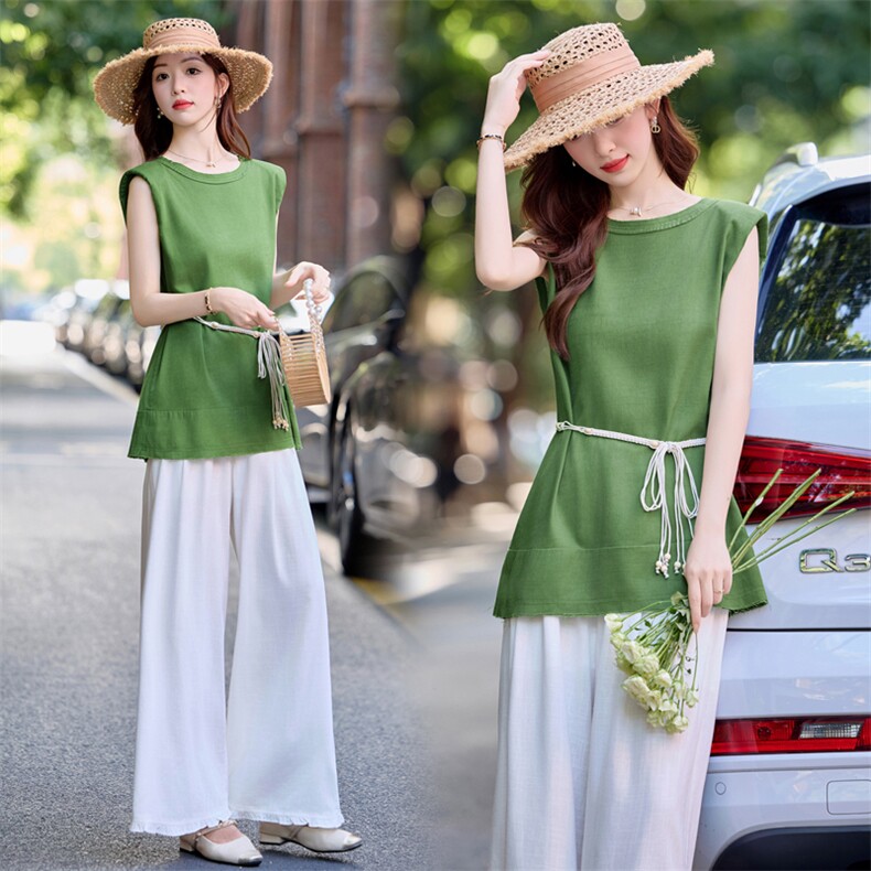 棉麻女夏季2025新款高级感时尚洋气时髦收腰显瘦阔腿裤，女装大码女装，乐吉娜