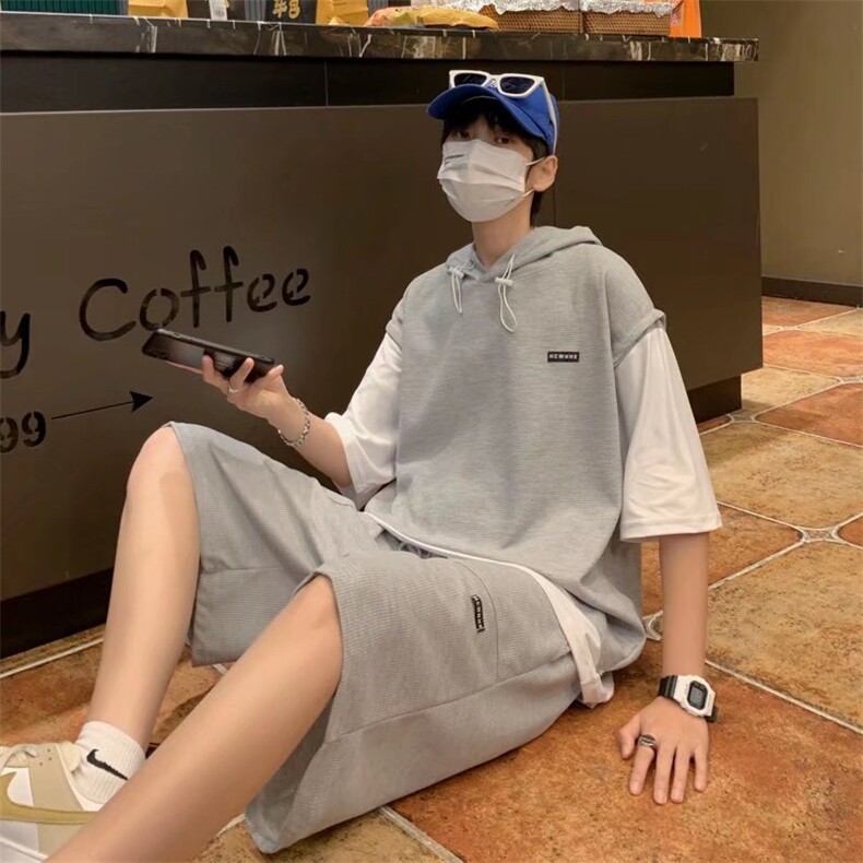 华夫格短袖夏季套装男士假两件青少年帅气连帽运动休闲薄款一套,男装休闲套装,星座410-6（原星座1304-1）