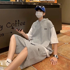 华夫格短袖夏季套装男士假两件青少年帅气连帽运动休闲薄款一套，男装休闲套装，星座410-6（原星座1304-1）