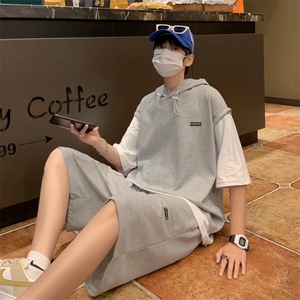 华夫格短袖夏季套装男士假两件青少年帅气连帽运动休闲薄款一套图片