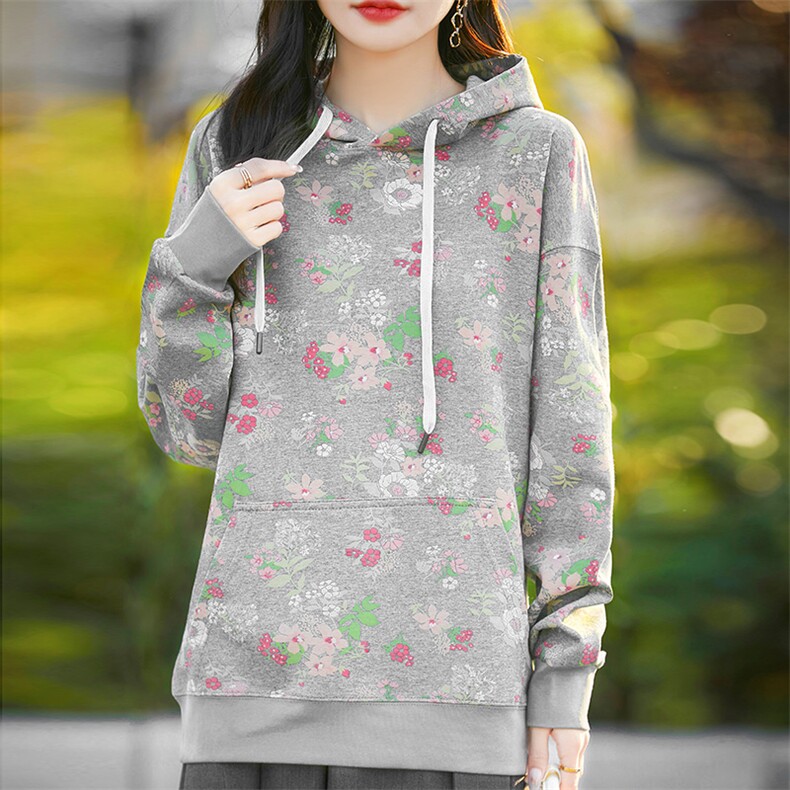 2024秋冬新款百搭休闲连帽碎花加绒卫衣女时尚加厚宽松打底衫上衣图片