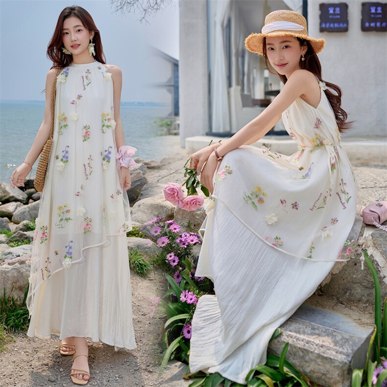 杏色立体花朵刺绣挂脖连衣裙女2025初夏新款法式高级感白月光长裙，女装连衣裙，难舍钰依
