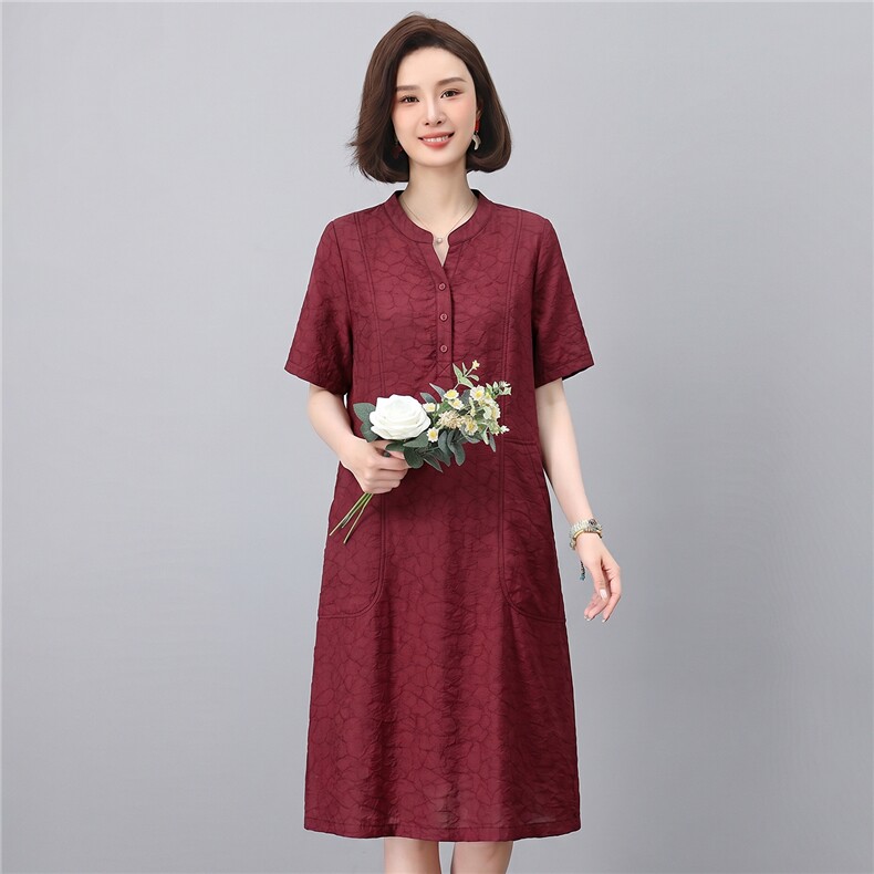 现货2026年夏季优雅大码天丝连衣裙女立领短袖显瘦口袋设计中长裙,女装连衣裙,鑫鑫格