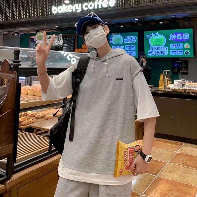 华夫格短袖夏季套装男士假两件青少年帅气连帽运动休闲薄款一套,男装休闲套装,星座410-7
