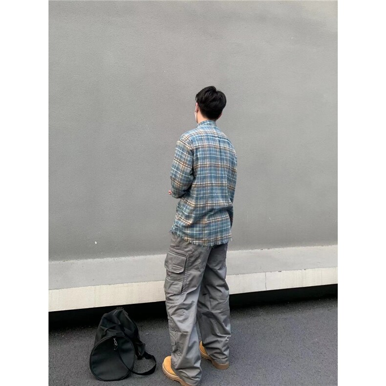 C05-P31美式Cleanfit高街定制破坏边伐木水洗格子长袖衬衫,男装衬衫,电商B323A