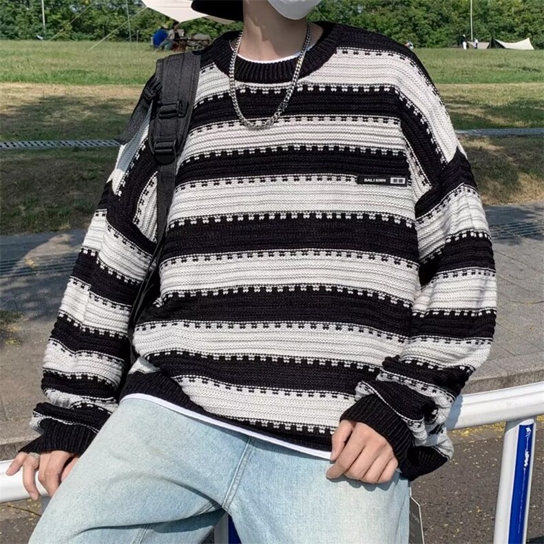条纹毛衣男秋冬季潮流日系高级感针织衫慵懒风套头线衣 M870-P41图片