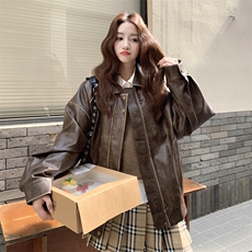 复古港风宽松咖色皮衣外套女春秋2025新款小个子PU夹克爆款高级感，女装短外套，2C278