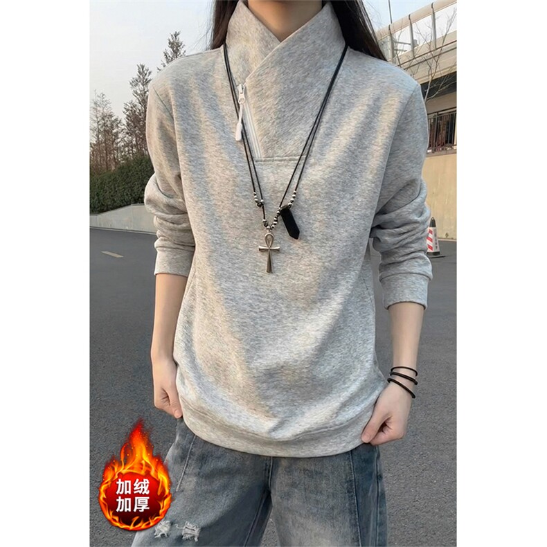 加厚加绒立领斜半拉链卫衣冬季宽松打底衫男女 D54167-TP35不图片