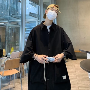 港风短袖衬衫男夏季潮牌痞帅气白色五分半袖上衣工装衬衣图片