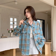 纯棉水洗印花格子衬衫女宽松bf慵懒风衬衣计感春秋款CS004-55，男装衬衫，星座911-3
