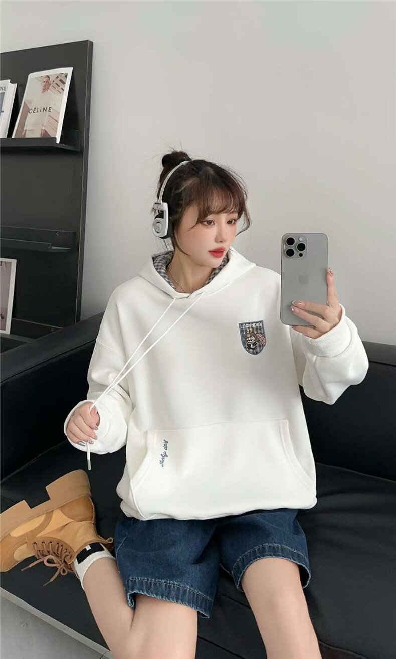 2025年秋季长袖单件拼色格子连帽卫衣，女装卫衣/绒衫，湘姗