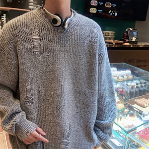 潮牌设计感纯色破洞毛衣男女街头痞帅青少年情侣针织衫HY447-p48图片
