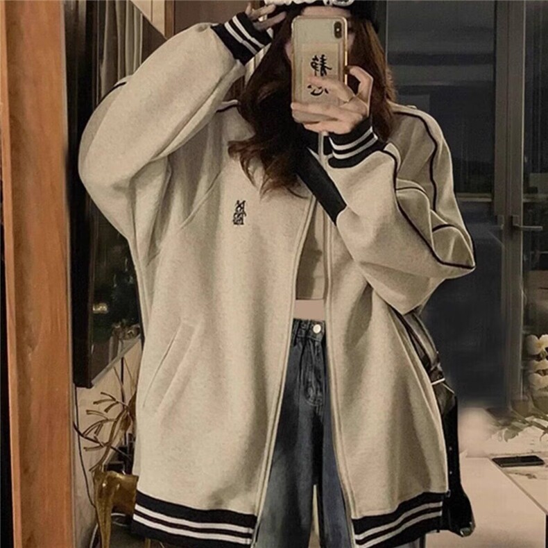 美式灰色立领拉链卫衣外套女春秋季设计感小众宽松秋冬棒球服开衫,男装夹克,星座506A