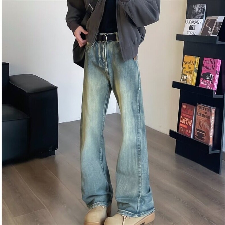 美式复古水洗做旧牛仔裤春秋高腰宽松百搭休闲直筒阔腿拖地长裤图片