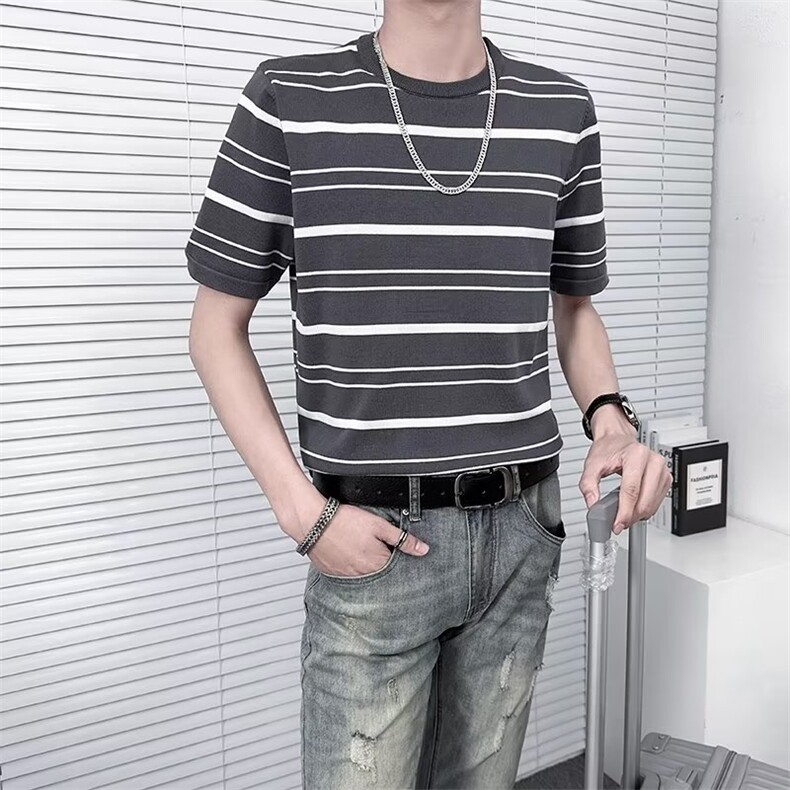 春夏季短袖针织衫男条纹痞帅洋气半袖打底衫男生轻熟风TM21,男装针织衫/毛衣,星座1116A-2（原606A-1）