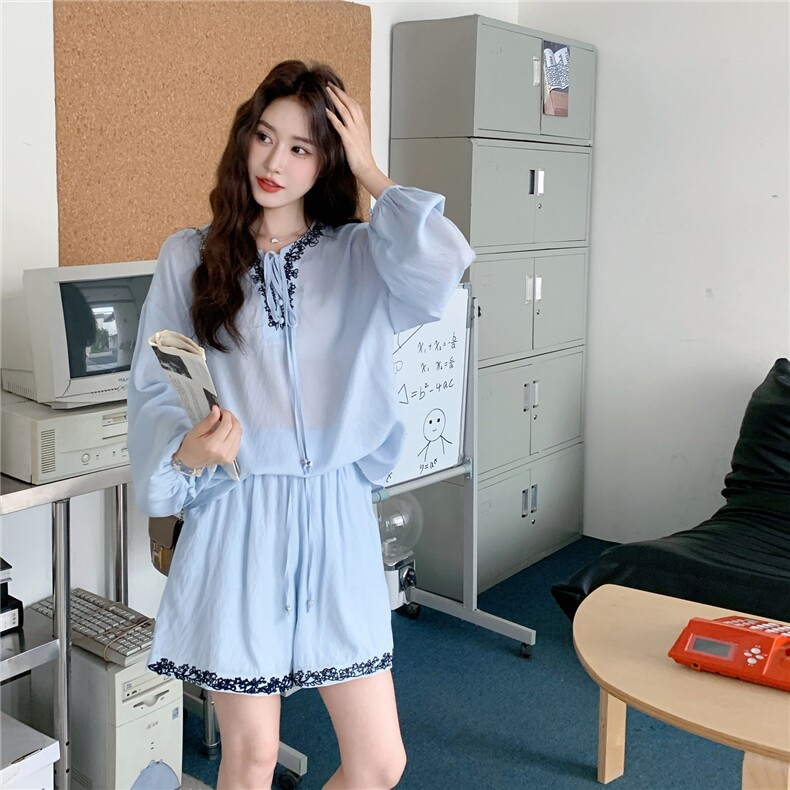 高腰显瘦浅蓝色防晒小衫短裤套装女夏2025新款洋气减龄轻薄两件套,女装套装/套裙,2D076