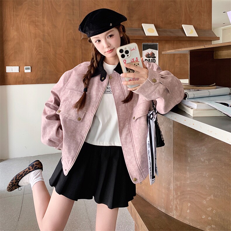 美式慵懒chic复古短款上衣粉色扎染翻领工装夹克外套女秋，女装短外套，浙宝113