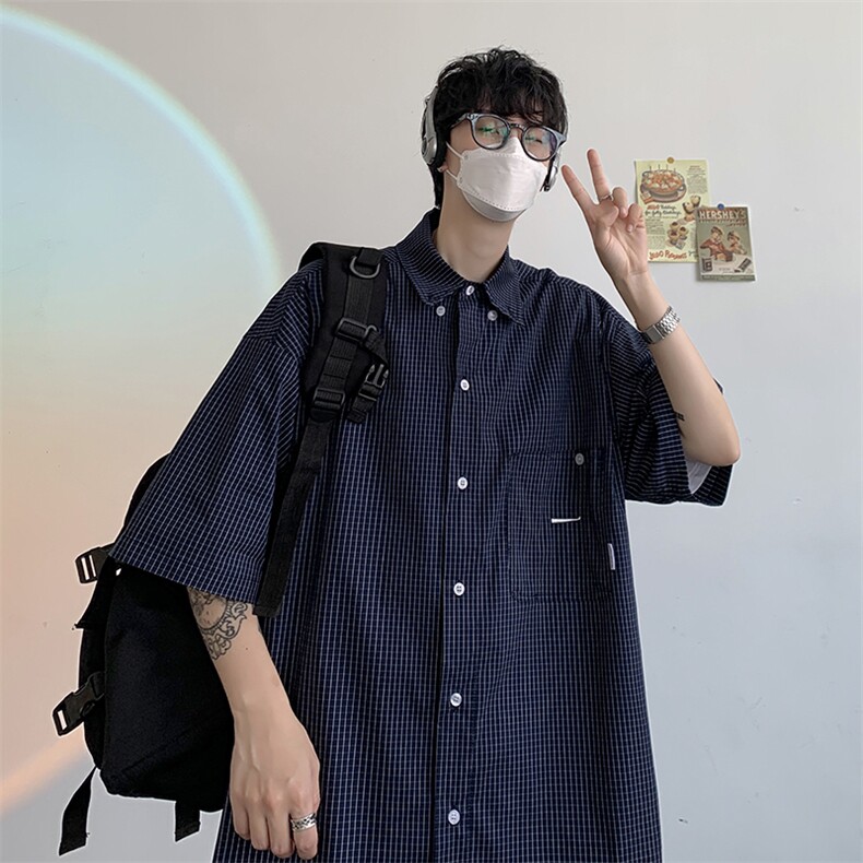 日系宽松潮牌ins休闲潮流上衣夏季港风格子短袖衬衫男W3177-P35,男装衬衫,星座512-2