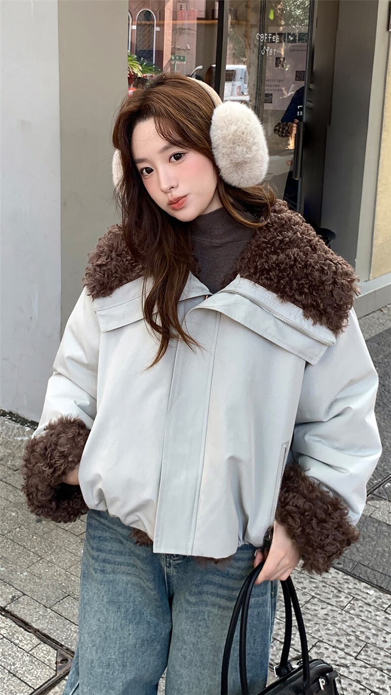 新款美式复古派克服加厚短款皮毛一体p225-k328,女装派克服,2D075