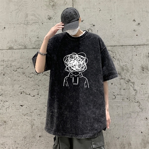 水洗做旧 23夏季美式复古印花五分袖短袖T恤XZ211-1-T7705-P38图片
