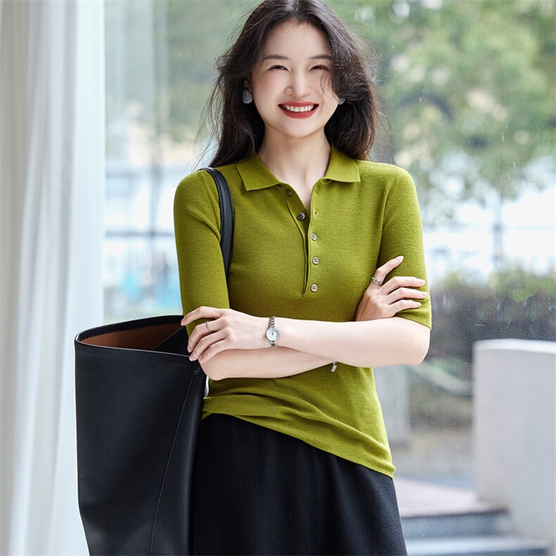 套头POLO领毛针织衫纯色修身洋气上衣长袖百搭宽松春秋显瘦长袖，女装羊毛衫，绒歆坊