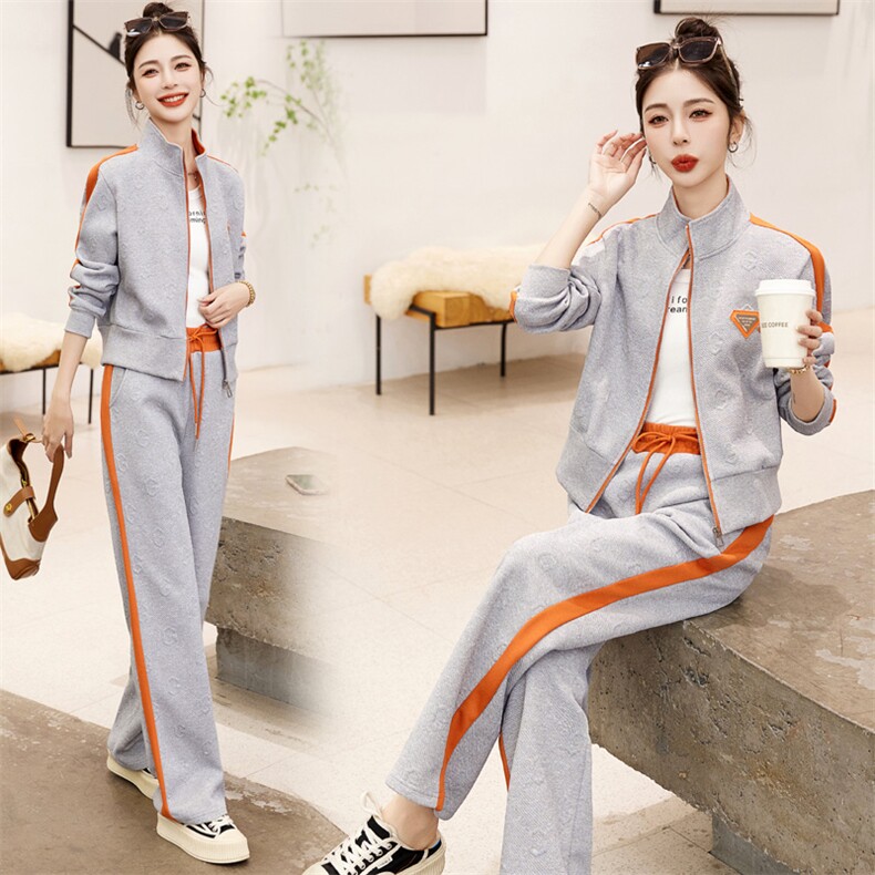 现货-休闲时尚套装女2023春季新款洋气减龄气质百搭阔腿裤两件套,女装运动套装,然然