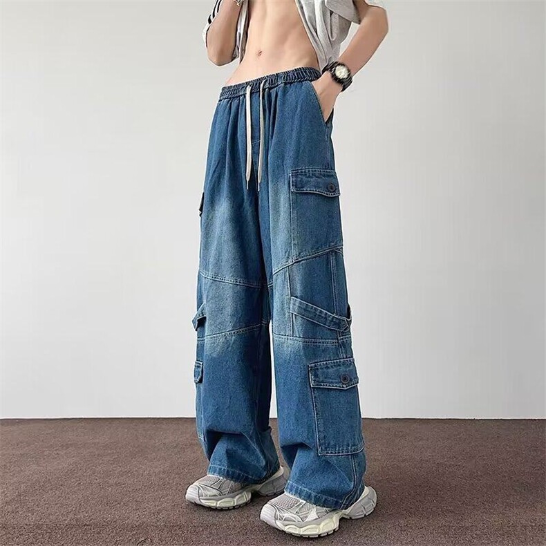 D7038-P60多口袋廓形牛仔裤潮牌情侣街头水洗宽松工装阔腿裤，男装牛仔裤，星座603-2
