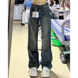 美式高街vibe水洗做旧牛仔裤女2025春夏季新款高腰直筒微喇叭裤子图片