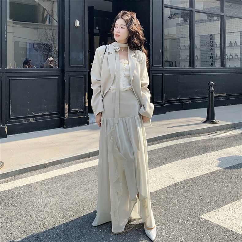 韩系优雅千金风西装拼接蕾丝网纱半裙套装F713-P195-K318,女装套装/套裙,2C255