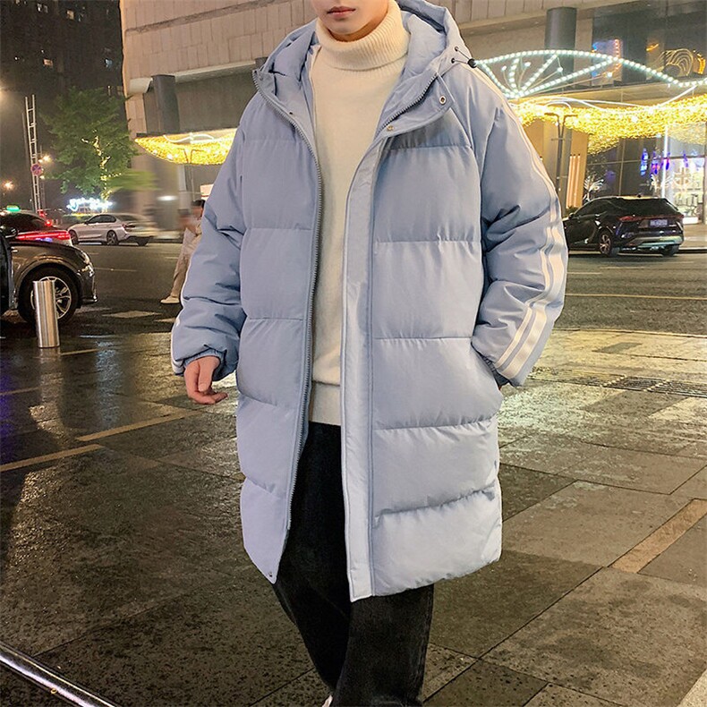 侧边条纹连帽中长款棉衣男宽松潮流冬季加厚御寒保暖棉服大衣外套,男装棉衣,电商A409-1