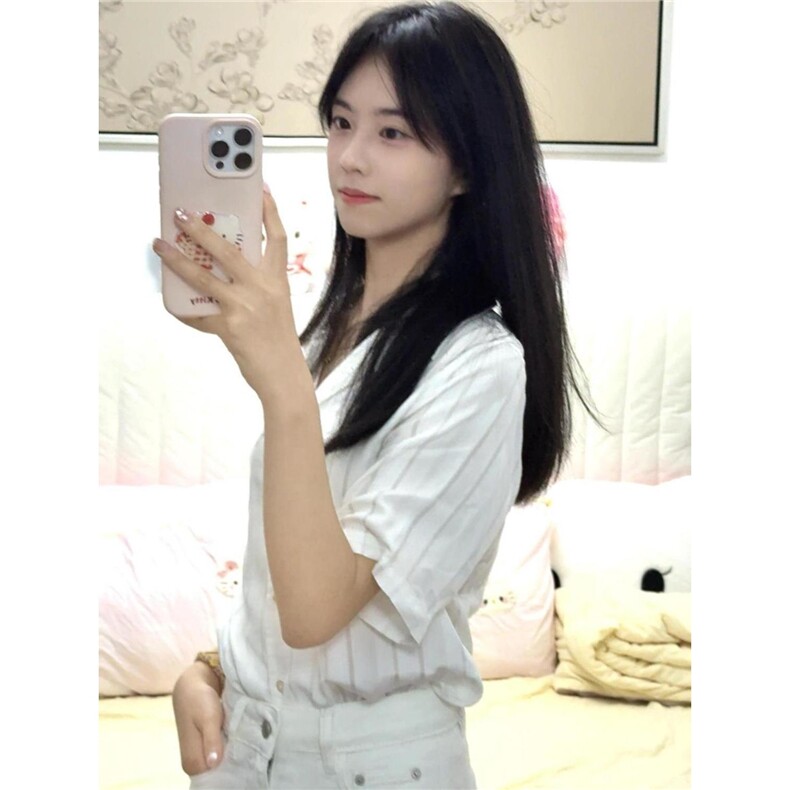 白色韩系简约复古设计感短袖衬衫女夏季新款宽松通勤时尚职业上衣,男装T恤,星座506A