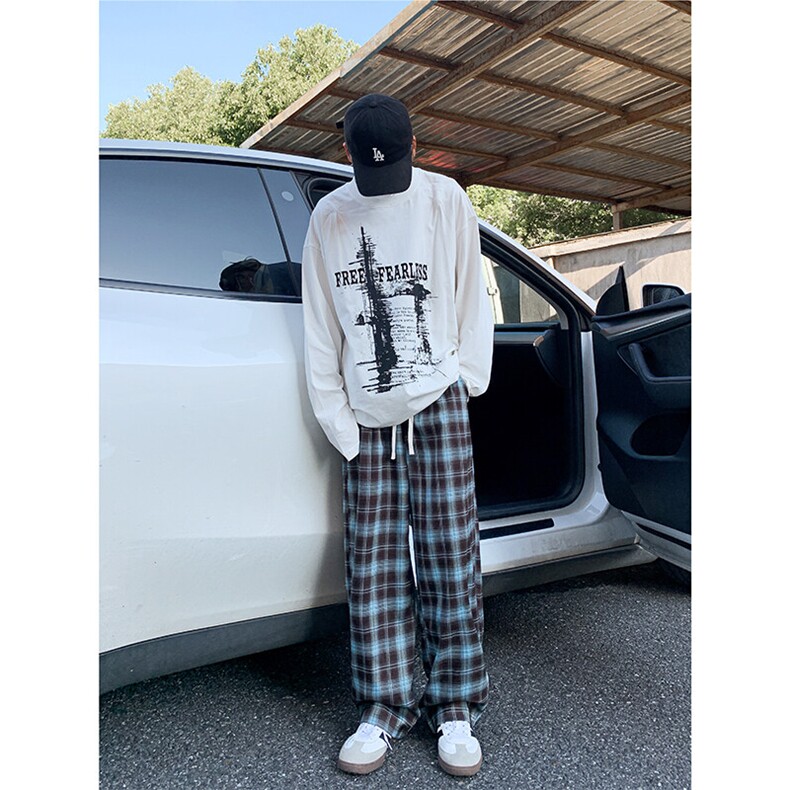 咖啡色慵懒格子裤男秋季美式复古松弛感休闲长裤高级感直筒微喇裤,男装休闲裤,电商D232