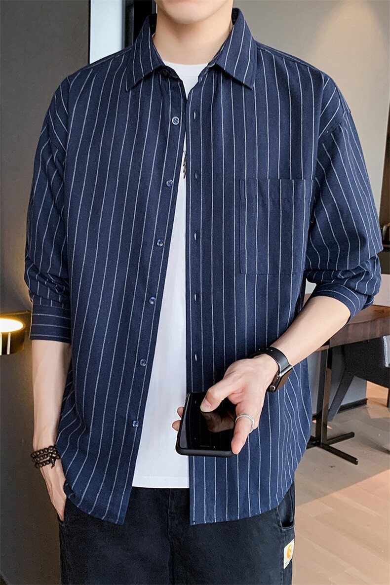 衬衣男2021春秋新款长袖休闲宽松条纹男士衬衫外套DF07T,男装衬衫,电商A102