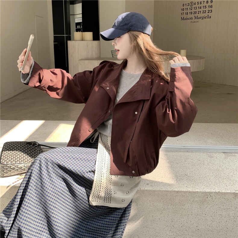 复古红色短款风衣外套女2025秋季新款高级感英伦风小个子夹克上衣,女装短外套,2C307