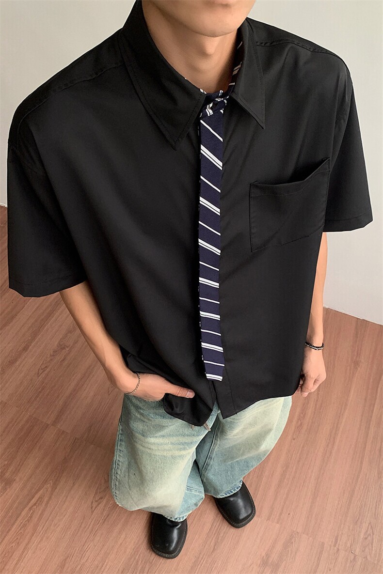 搭配领带拼接老钱风宽松休闲格子短袖衬衫男何与同款-CS2537特40,男装T恤,电商B289